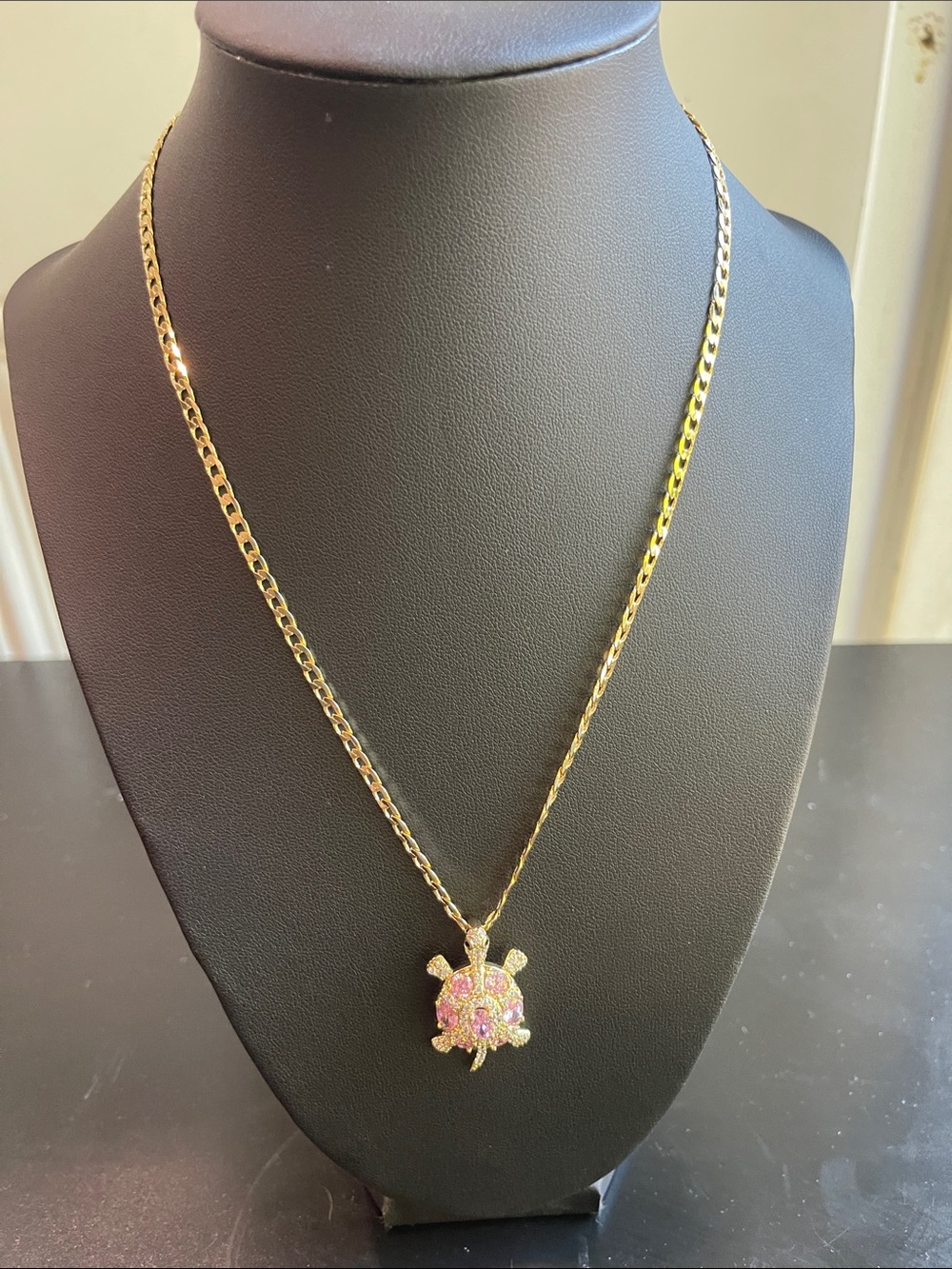 Gold Turtle Pendant Necklace with Pink Gem Accents